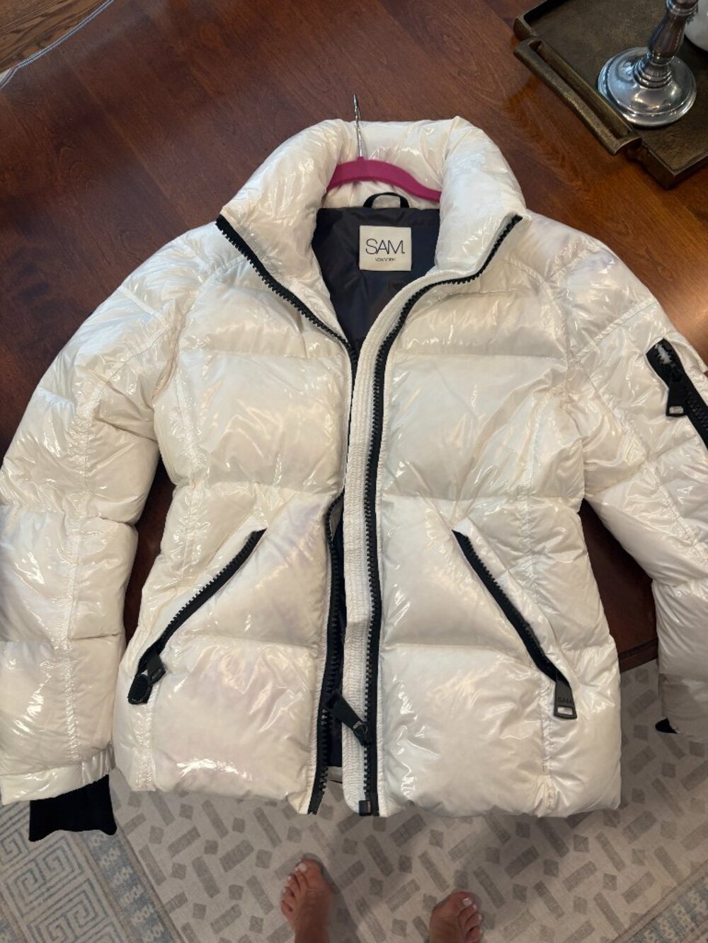 SAM. Glossy White Puffer Jacket with Black Accents
